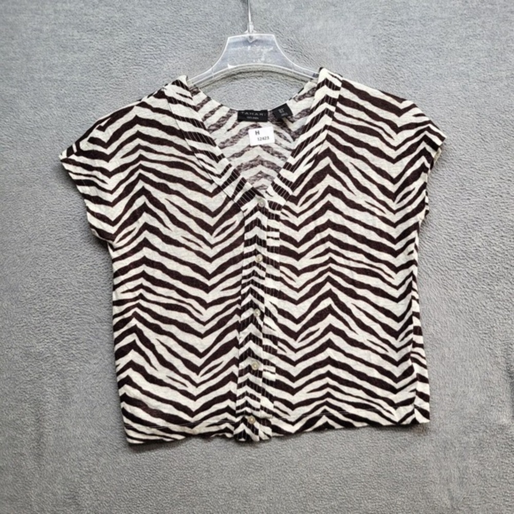 Tahari Women Top Small Brown Animal Print Linen Button Front Short Sleeve